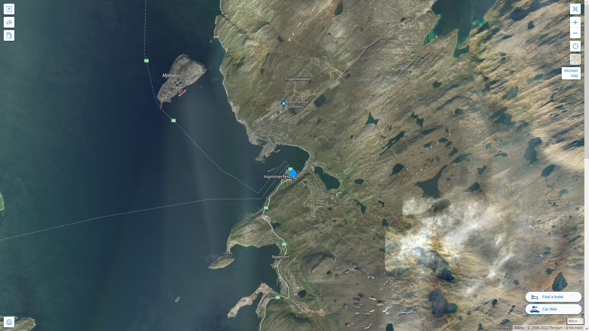 Hammerfest Highway and Road Map with Satellite View